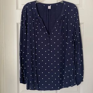 Old Navy Long Slv Open Neck Navy w/ White Dots Top